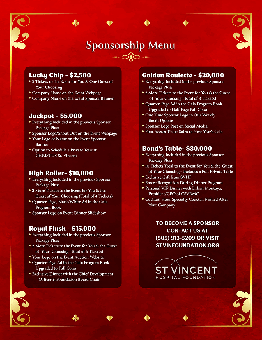 Sponsorship Menu showing two columns of tiers (Lucky Chip, Jackpot, High Roller, Royal Flush on left; Golden Roulette, Bond's Table on right) with gold borders on red background under ornate framing.