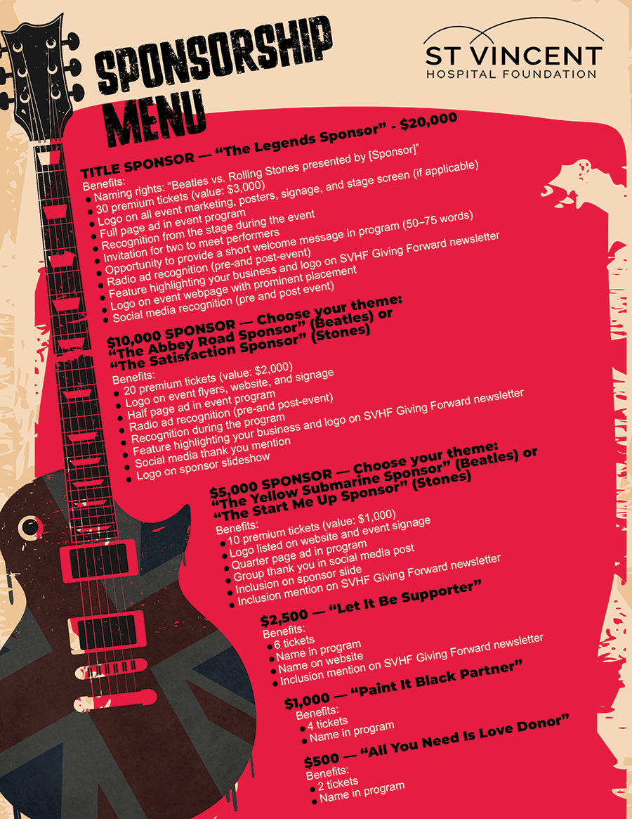 St Vincent Hospital Foundation BVRS Sponsorship Menu